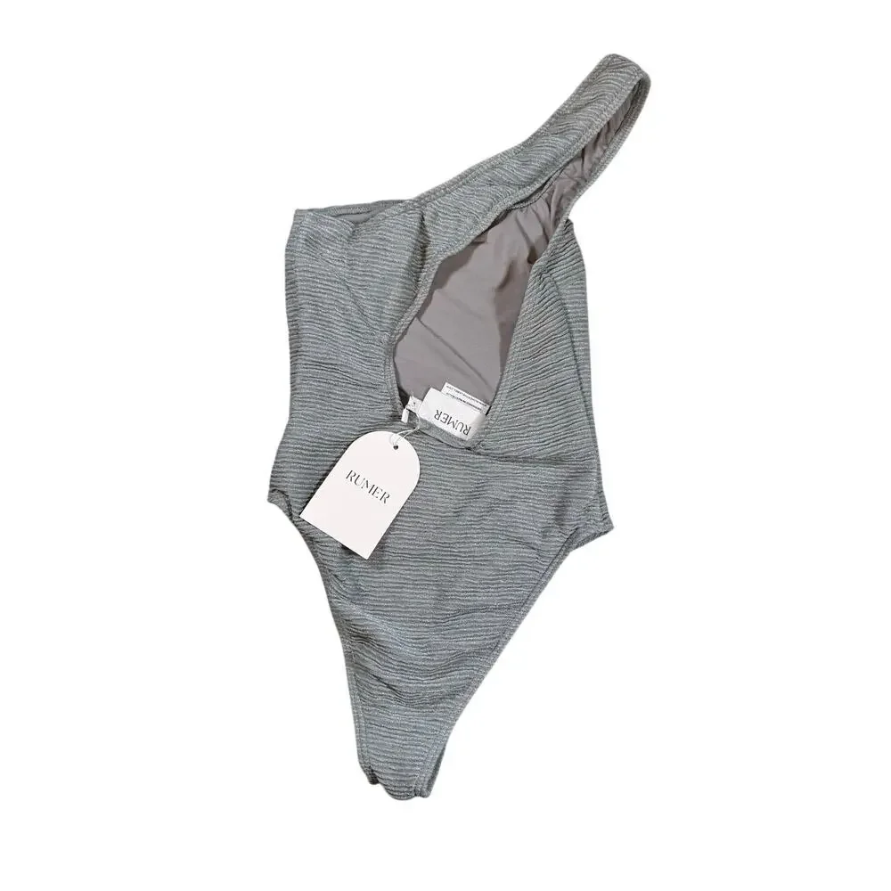 NWT RUMER The Label One Shoulder Swimsuit Gray Shimmery Fabric Size XS